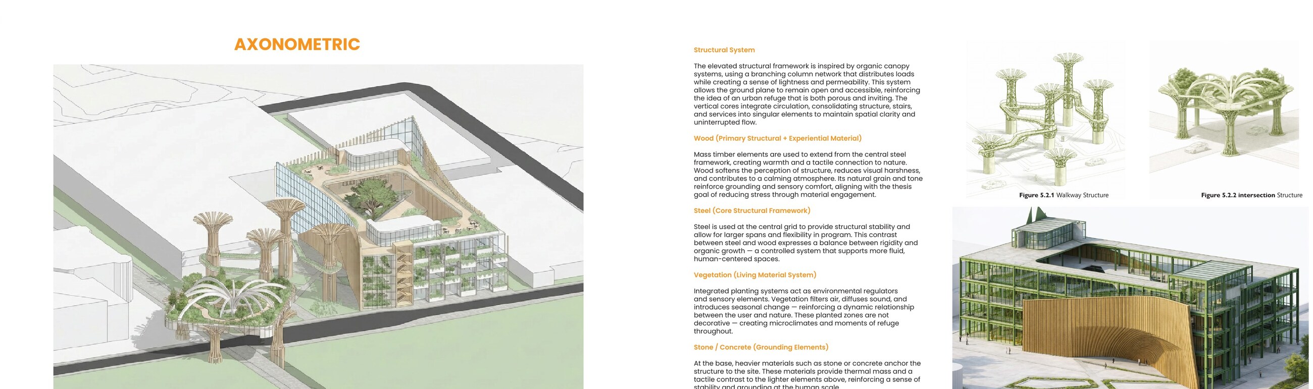 Architectural axonometric with structural and material-development diagrams
