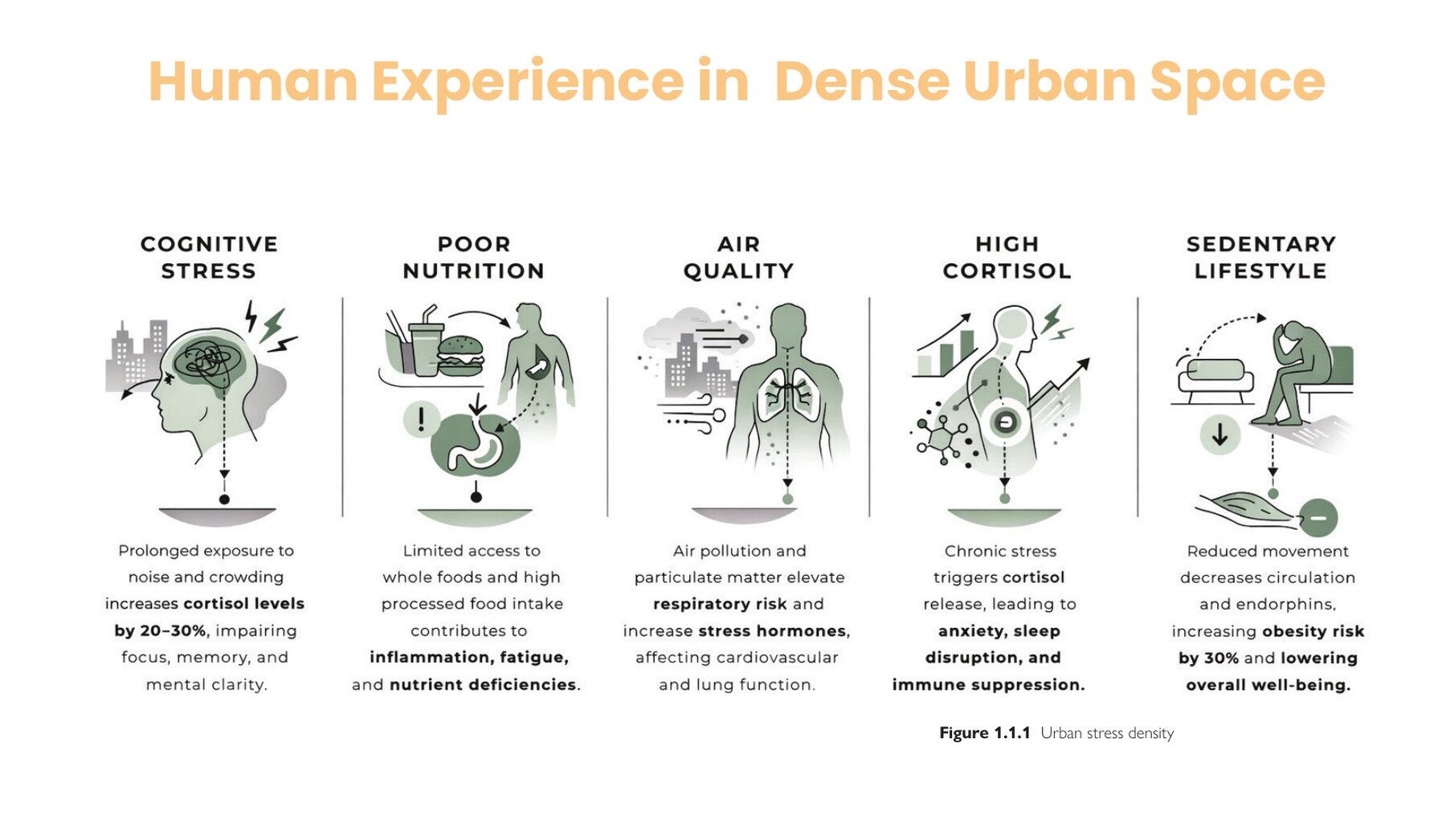 Diagram explaining cognitive stress, poor nutrition, air quality, high cortisol, and sedentary lifestyles in dense urban space